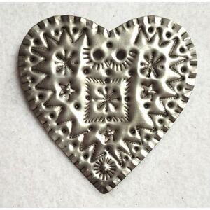 Large 3.5" Artisan Stamped Aluminum Heart Pendant & Brooch Pin Combo - Boho